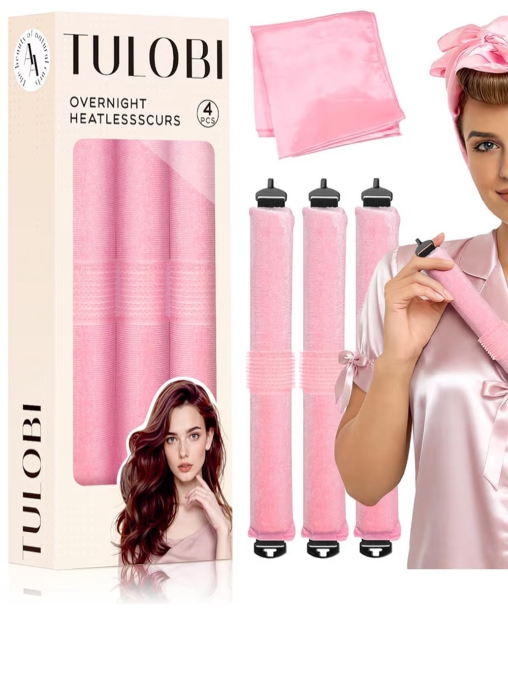 TULOBI Pink Overnight Heatless Hair Curlers Set
